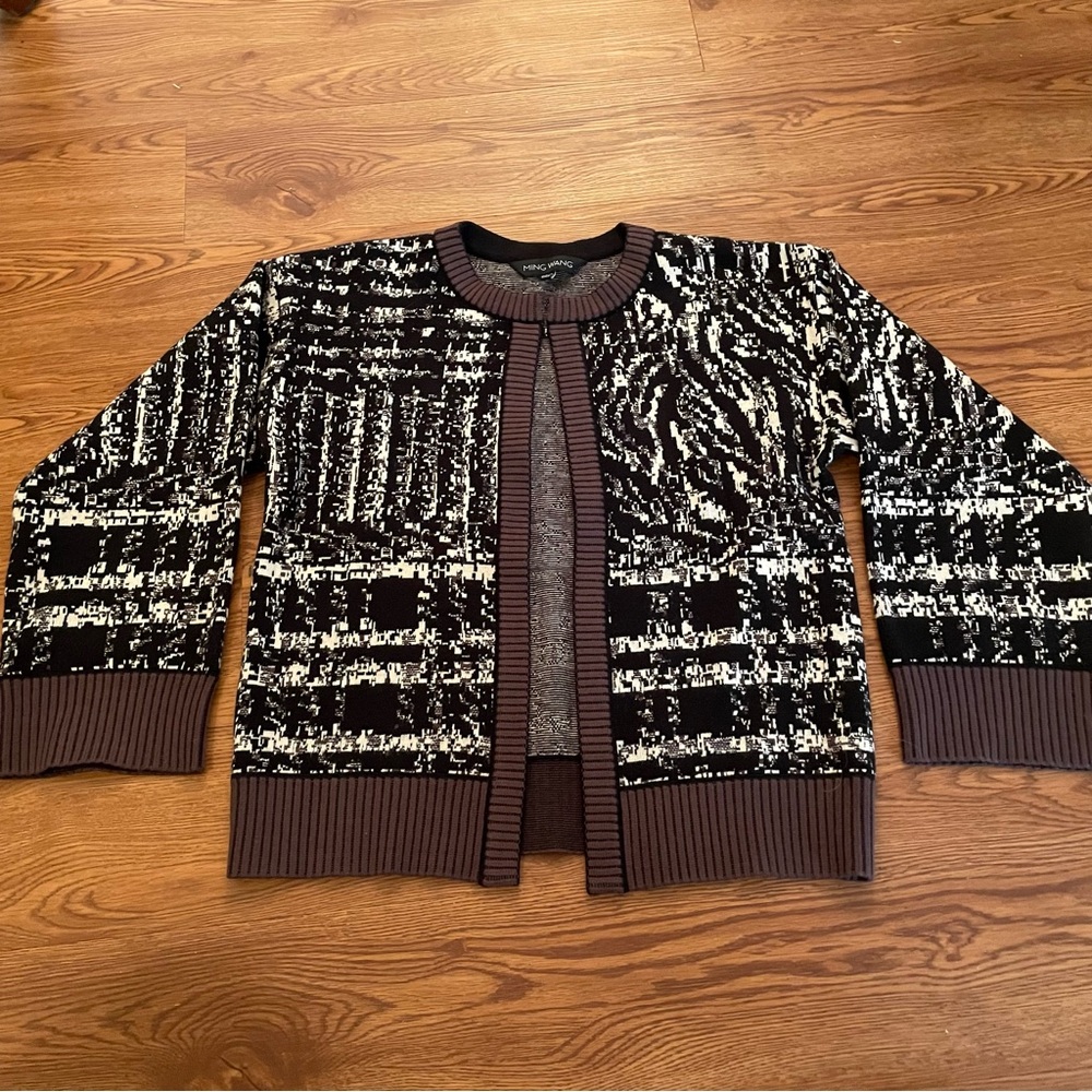 Ming Wang Open Front Sweater Cardigan XS Blk/Wht/Brwn